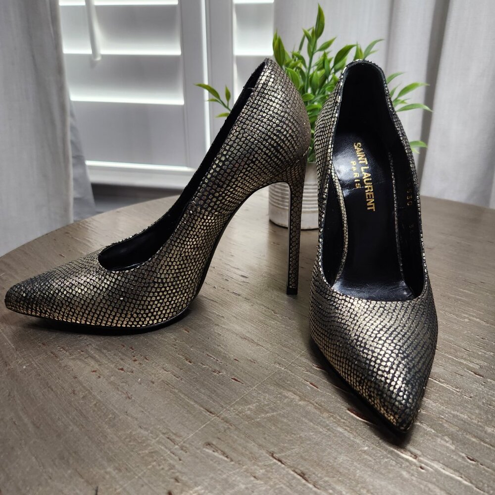 Saint Laurent Gold Metallic Calfskin Paris 105 Escarpin Stiletto Pumps 35.5 5.5‎